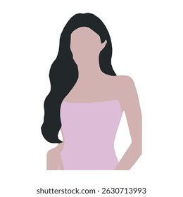 Flat Vector of Woman with Long Dark Hair and Pink Top, Simple Female Illustration with Solid Colors