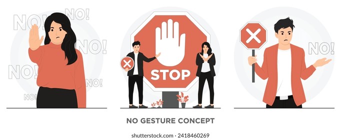 Flat vector woman man saying no stop concept illustration