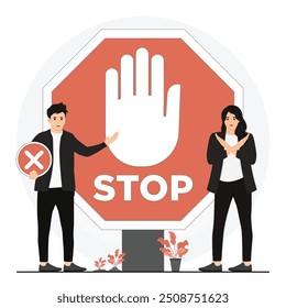 Flat vector woman man saying no stop concept illustration
