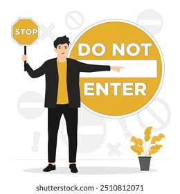 Flat vector woman man saying no stop sign concept illustration
