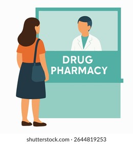 flat vector woman on drug pharmacy