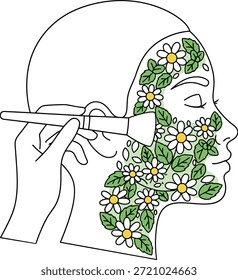 Vector plano de una mujer que recibe un tratamiento facial botánico con manzanilla y hojas verdes, ideal para la marca de belleza orgánica, marketing de spa y promociones de bienestar.
