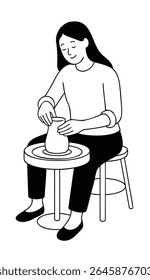 Vetor plano de uma mulher moldando argila em uma roda de cerâmica. Ilustração simples em preto e branco, perfeita para DIY, cerâmica, hobbies criativos, artesanato e conteúdo com tema de artesanato.