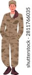 Flat vector woman soldier element in camouflage uniform. Female army worker in cap, boots, jacket and pants, isolated fullbody clipart illustration.