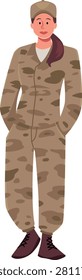 Flat vector woman soldier element in camouflage uniform. Female army worker in cap, boots, jacket and pants, isolated fullbody clipart illustration.