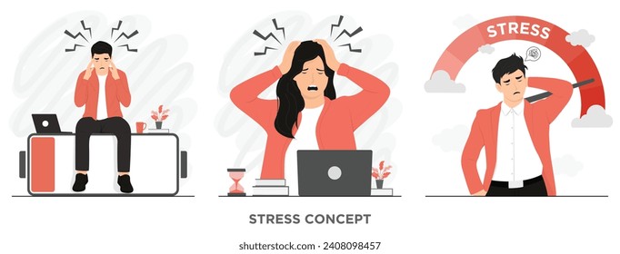  	
Flat vector woman stress working headache concept illustration