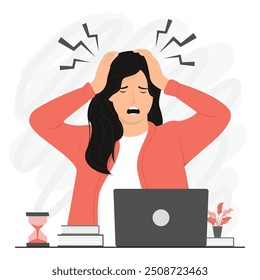 Flat vector woman stress working headache concept illustration
