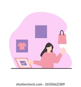 Flat vector of a woman using a laptop while holding a shopping bag. Best for digital marketing, online shopping, lifestyle blogs, and e-commerce themes.