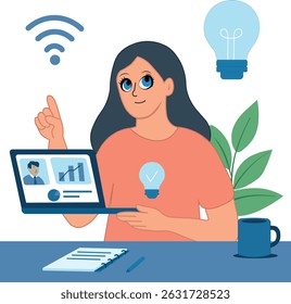 Flat vector of woman working remotely with laptop and creative ideas, wireless technology and eco-friendly background