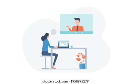 flat vector women use remote technology working for video conferencing with team online concept