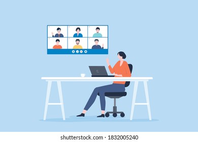 flat vector women video conferencing meeting team at table home office with technology remote working online connect concept