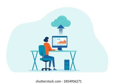 flat vector women working with technology cloud computing service concept and developer on web dashboard monitor concept