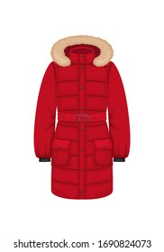 Flat vector women's down jacket with a fringe on the hood. Women's clothing