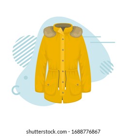 Flat vector women's parka with a fringe on the hood. Women's clothing.