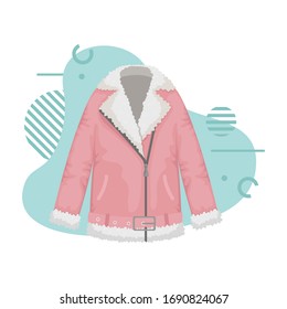 Flat vector women's sheepskin coat in biker style. Women's clothing.
