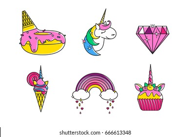 Flat Vector Wonder Unicorns Icons Set: Donut Patch & Glaze, Outline Fairy Unicorn Icon With Rainbow Mane, Precious Diamond Line Icon, Flat Stars Patches, Ice Cream, Candy Pop Rainbow, Muffin Cupcake
