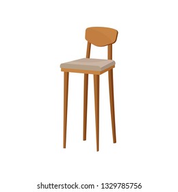 Flat vector of wooden bar stool with backrest and soft seat. Chair with long legs. Furniture for cafe and restaurant