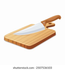 Flat Vector Wooden Cutting Board with Kitchen Knife Icon. Cutting Board and Knife Design Template. Chopping Board with Knife Isolated on White Background