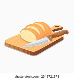 Flat Vector Wooden Cutting Board with Kitchen Knife Icon. Cutting Board and Knife Design Template. Chopping Board with Knife and Loaf of Bread Illustration Isolated on White Background