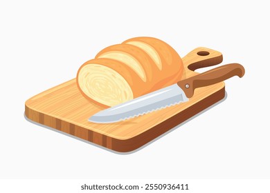 Flat Vector Wooden Cutting Board with Kitchen Knife. Cutting Board and Knife Design Template. Chopping Board with Knife and Loaf of Bread Isolated on White Background. Vector Illustration