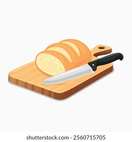 Flat Vector Wooden Cutting Board with Kitchen Knife Icon. Cutting Board and Knife Design Template. Chopping Board with Knife and Loaf of Bread Illustration Isolated on White Background