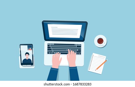 flat vector work from home workplace concept and business smart working online connect anywhere  concept