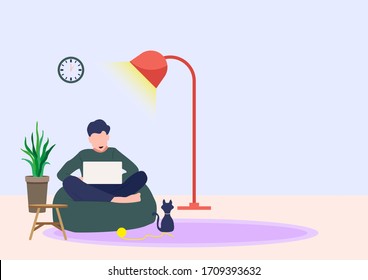 Flat vector work from home workplace concept and business smart working online connect anywhere concept. A guy sitting on comfortable armchair working with laptop at home.