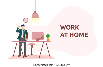 Flat vector work from home workplace concept and business smart working online connect anywhere concept. Businessman standing infront of workstation holding documents working from home.