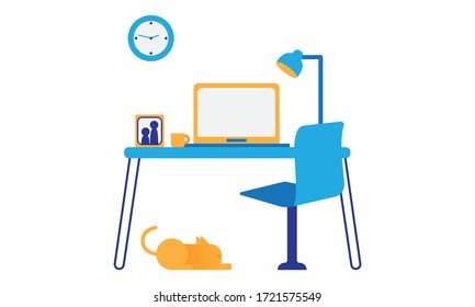 flat and vector of Workplace in blue color and white background. workplace in home. stay home and work from home.