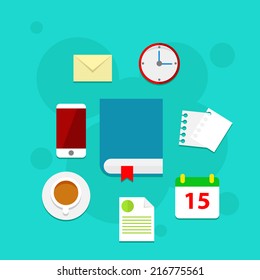 Flat vector workplace illustration with book, business icons and elements on blue background