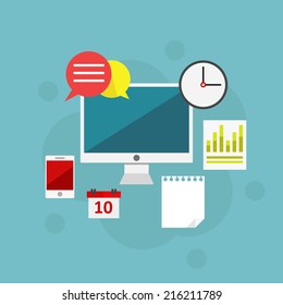 Flat vector workplace illustration with different business icons and elements on blue background