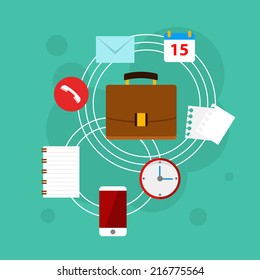 Flat vector workplace illustration with different business icons and elements, bright illustration