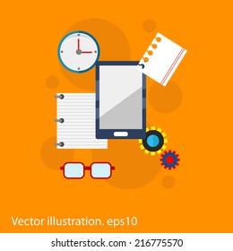 Flat vector workplace illustration with different business icons on orange background