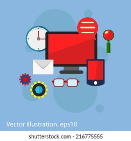 Flat vector workplace illustration with monitor and different business icons, elements on blue background