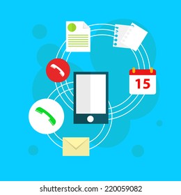 Flat vector workplace illustration with phone, business icons and elements on blue background