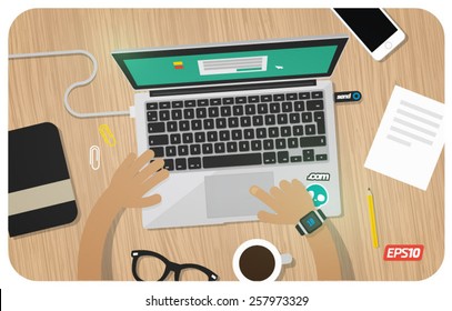 Flat vector workplace with modern laptop on wood table