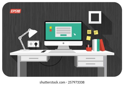 Flat vector workplace on wooden background