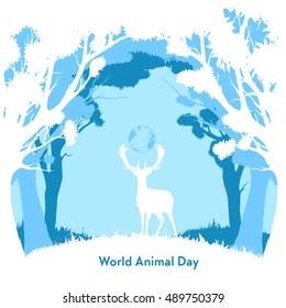 Flat, vector. World Animal Day. Figure wild deer in the trees. 