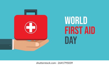 Flat Vector for World First Aid Day Red Cross Box with Helping Hand Medical Theme