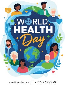 Flat vector World Health Day (April 7) graphic. Multiethnic multi-age global community, planet Earth, cardiogram, caduceus. Isolated on white for poster, flyer, card, health awareness campaigns