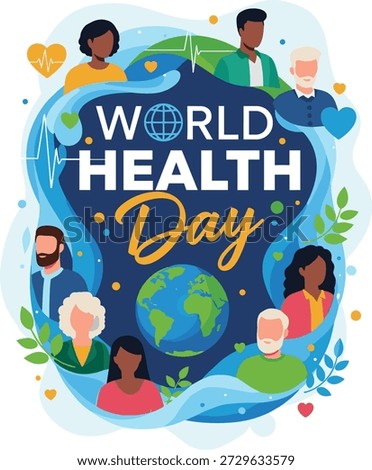 Flat vector World Health Day (April 7) graphic. Multiethnic multi-age global community, planet Earth, cardiogram, caduceus. Isolated on white for poster, flyer, card, health awareness campaigns
