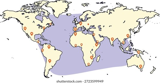 Ilustración de mapa mundial de Vector plano con pines de Locación global