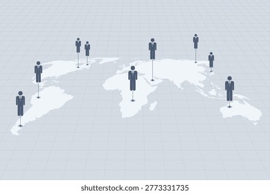 Flat vector world map with people icons representing global recruitment, international human resources, and remote work connectivity. Concept of worldwide hiring and talent search.