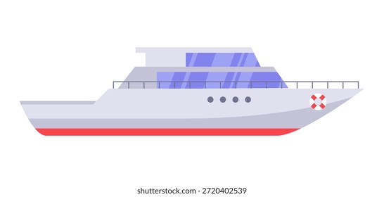 Ilustración de yate de Vector plano en vista lateral. Barco de motor moderno aislado sobre fondo blanco para viajes marinos, ocio, transporte de lujo, conceptos de navegación.