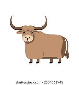 Flat Vector Yak Illustration with Curved Horns and Brown Body, Simplified Modern Design