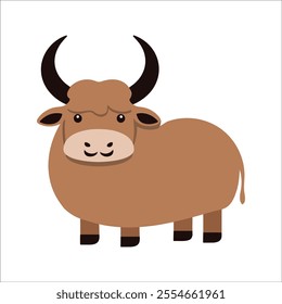 Flat Vector Yak Illustration with Curved Horns and Brown Body, Simplified Modern Design