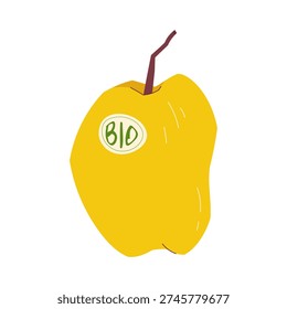 Flat vector yellow apple with bio label sticker isolated on light background. Organic fruit concept for healthy food and eco lifestyle design
