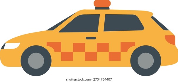 Vector plano de un coche de servicio a cuadros amarillo mostrado desde el lado con una luz de techo y ventanas redondeadas.