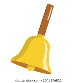 Flat vector yellow hand bell with brown handle. Suitable for school bell icons, alert signals, or educational clipart.