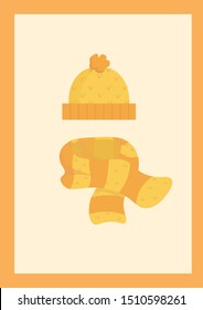flat vector yellow knit hat with orange pompom and orange yellow striped scarf. Autumn (fall) postcard, poster